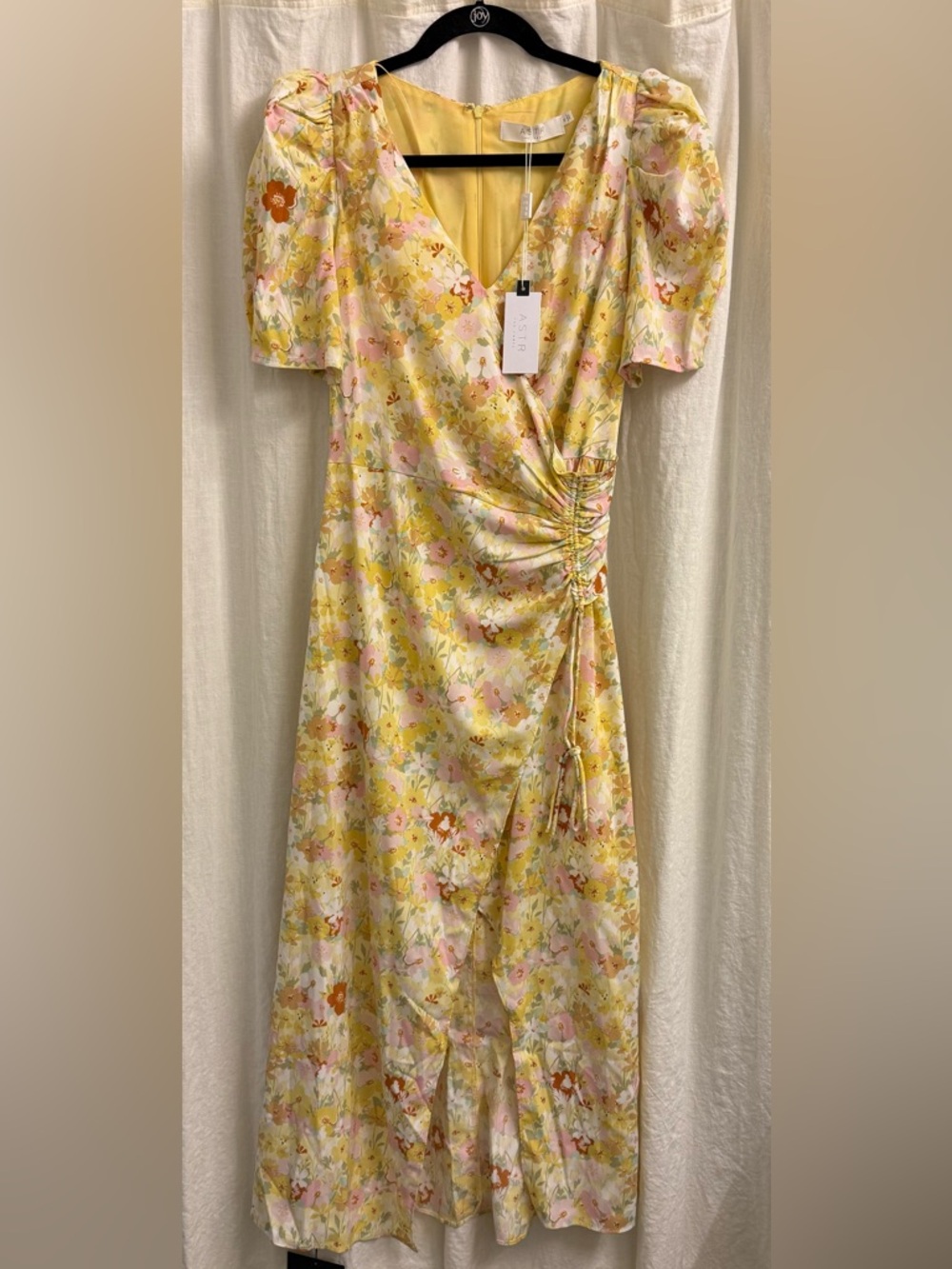 ASTR Martina Floral Ruched Midi Dress - Yellow rust floral / M